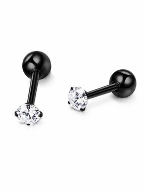 Black CZ Barbell Stud Cartilage Earrings Stainless Steel 18G 3mm